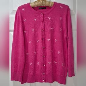Cable & Gauge M Fuchsia Pink Bow Cardigan Barbiecore Embroidery Cute